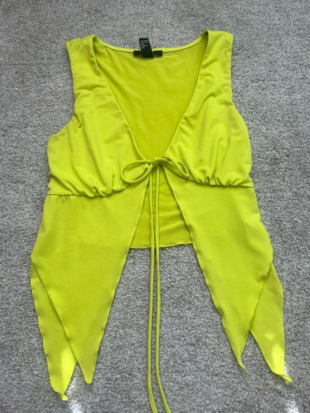 Neon Lime Green Tie Front Crop Top Deep V Asymmetrical Hem Y2K